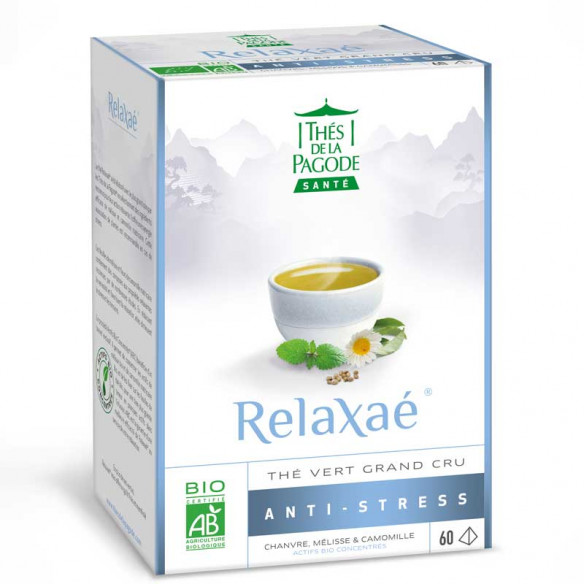 Relaxaé : thé vert bio anti-stress (visuel du pack de 60 sachets)
