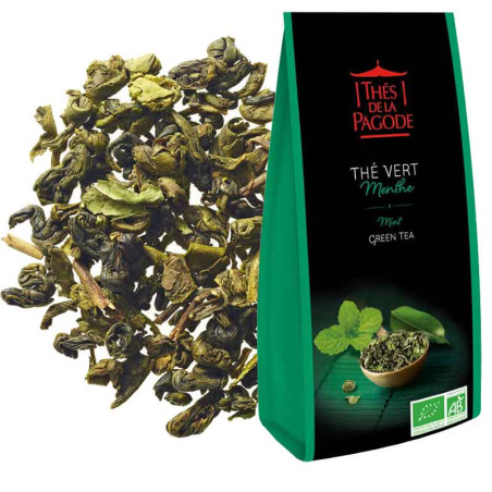 Thé vert bio à la menthe - Visuel du sachet de 100g et du blend