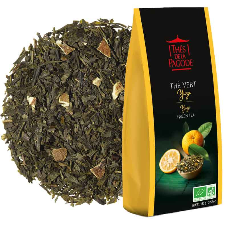 Thé vert yuzu bio - Visuel du sachet de 100g et du blend