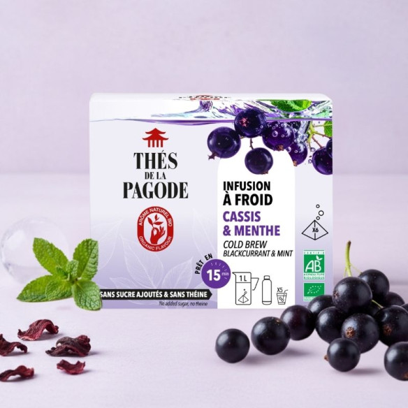 Infusion glacée cassis menthe prête en 15 minutes - Thés de la Pagode - Innovation infusion à froid rapide - avec fruits